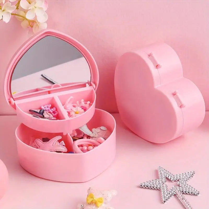 Pink Heart Jewelry & Makeup Storage Box – Double-Layer Mirror Jewelry Storage Box Babs