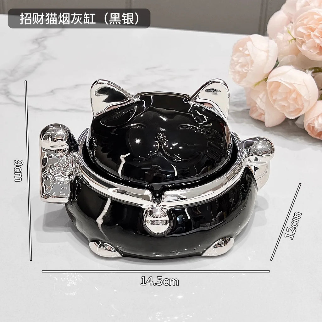 Lucky Cat Ceramic Ashtray with Lid – Modern Home Décor Decorative Ashtray Babs B