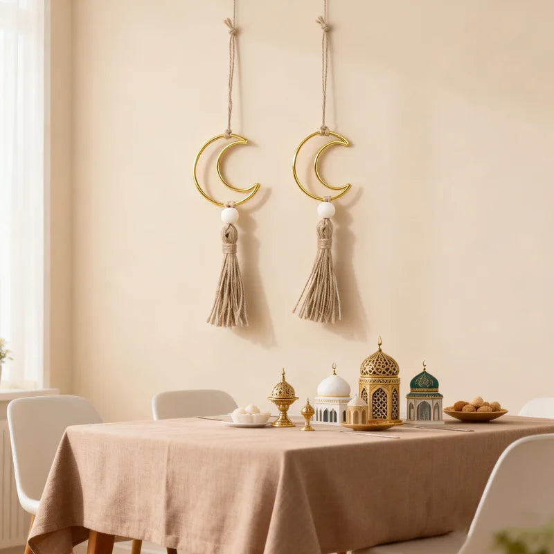 Ramadan Moon Tassel Wooden Beads Ornament – Eid Mubarak Decor Festive Wall Ornament Babs