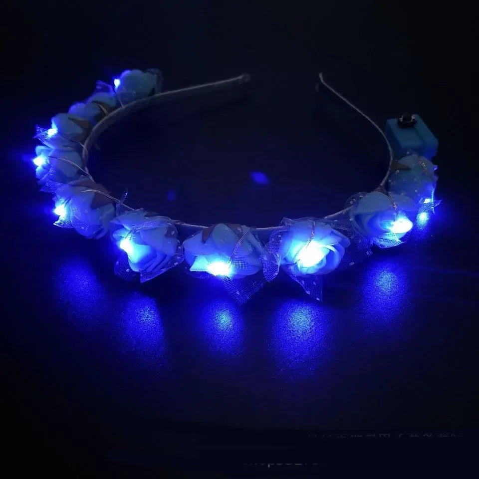 10pc LED Light Up Flower Wreath Headbands – Glow Party Pack LED Party Headband Babs blue