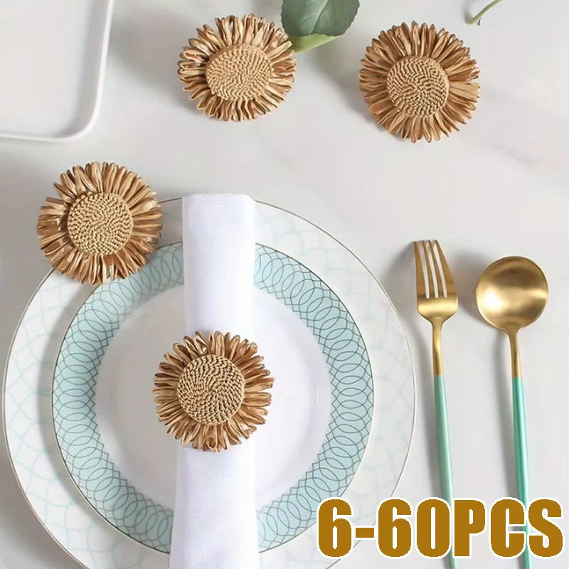 Natural Raffia Sunflower Napkin Ring Set | Rustic Woven Holders Napkin Ring Set Babs