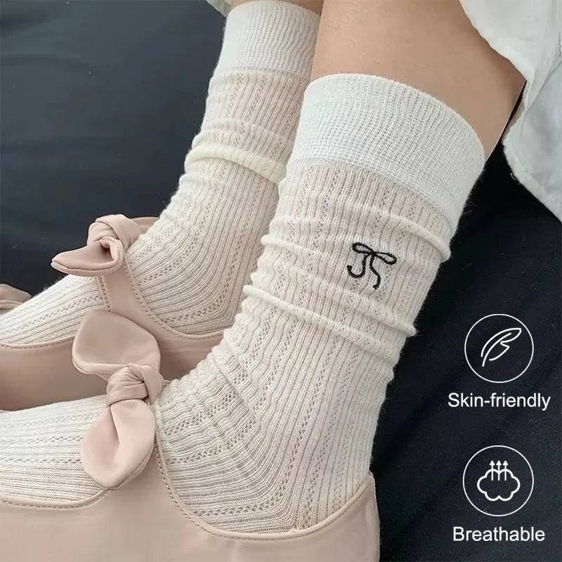 Bowknot Mesh Stacked Socks Korean Preppy Mid-Calf 1-5 Pairs Fashion Socks Babs