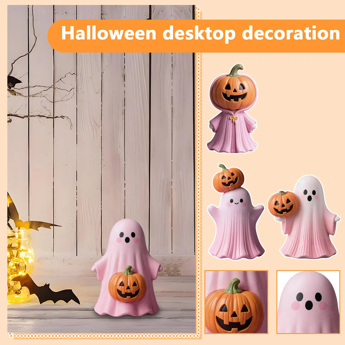 Halloween Pink Pumpkin Ghost Resin Ornament | Cute 3D Decor Halloween Resin Ornament Babs