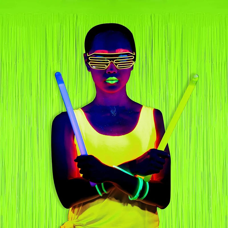 Neon Glow Party Fringe Curtain Backdrop & Birthday Banner Set Party Decoration Set Babs