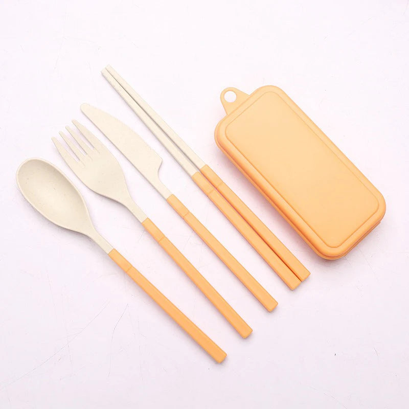 4-Piece Wheat Straw Portable Cutlery Set – Camping & Lunch Portable Cutlery Set Babs Yellow