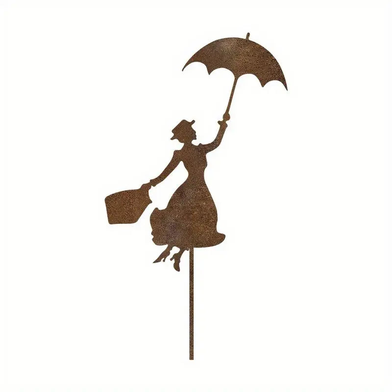 Rusty Metal Garden Stake – Woman with Umbrella Outdoor Decor Garden Stake Decor Babs 1pc