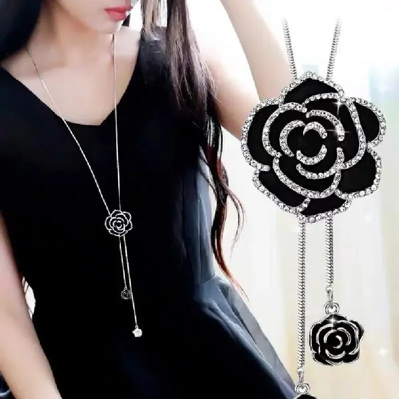 Women's Black Rose Long Sweater Chain Necklace | Zinc Alloy Fashion Necklace Babs Light Yellow Gold Color