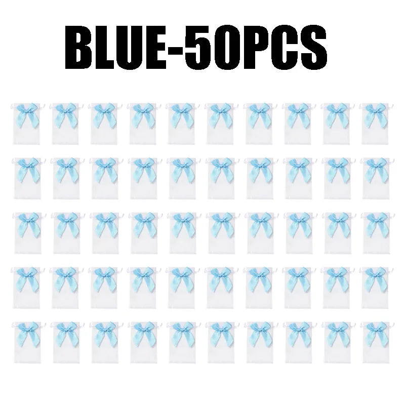 Organza Drawstring Gift Bags with Bow | Mesh Pouches Organza Gift Bags Babs BLUE-50PCS 9X12cm