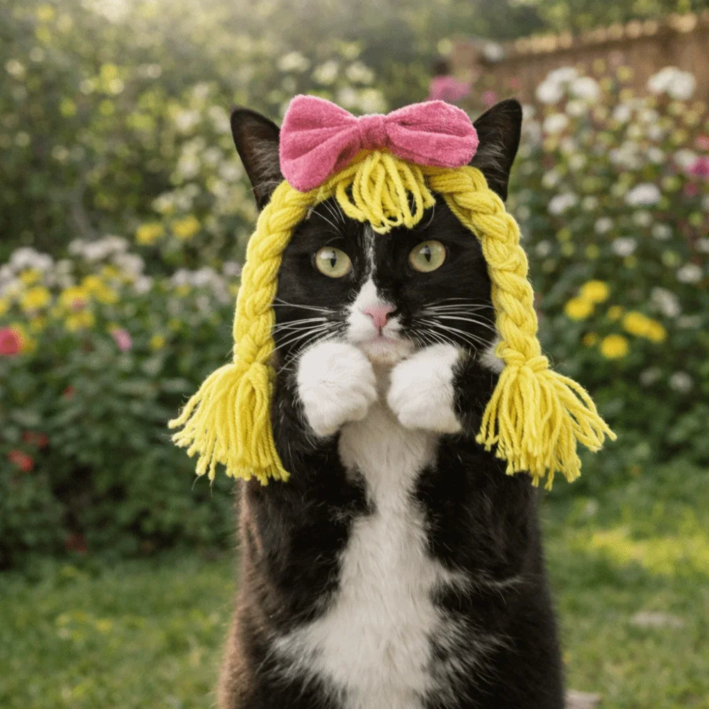 Cute Pet Wig Braid Bow Headgear Cat Cosplay Costume Pet Costume Headgear Babs