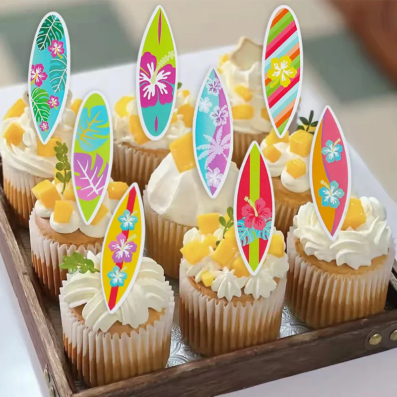 Hawaiian Surfboard Cupcake Toppers – Luau Party Decor (8/16 Pc) Cupcake Toppers Babs