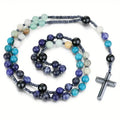 Natural Stone Rosary Necklace – Amazonite & Hematite Cross Gemstone Bead Necklace Babs 1pc