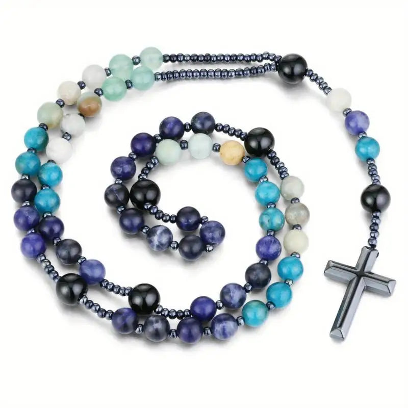 Natural Stone Rosary Necklace – Amazonite & Hematite Cross Gemstone Bead Necklace Babs 1pc