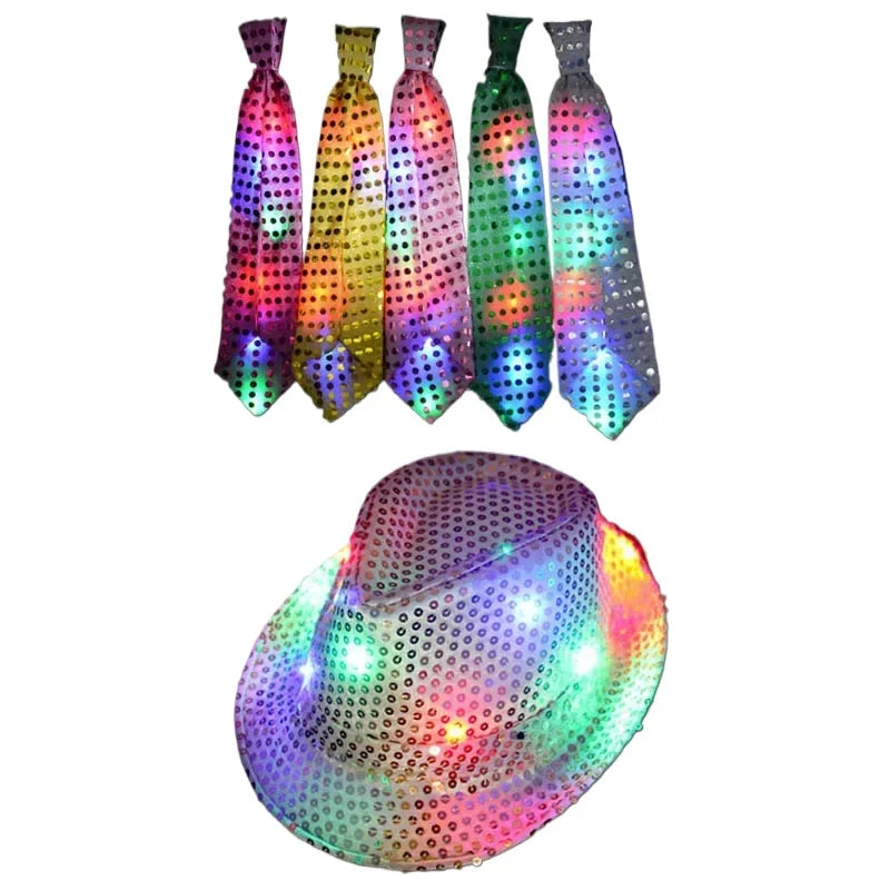 LED Light Up Sequin Jazz Hat & Tie Set | Party Costume LED Party Costume Set Babs