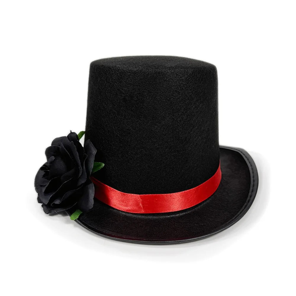 Gothic Top Hat with Artificial Rose – Black & Red Magician Fedora Gothic Costume Hat Babs Black