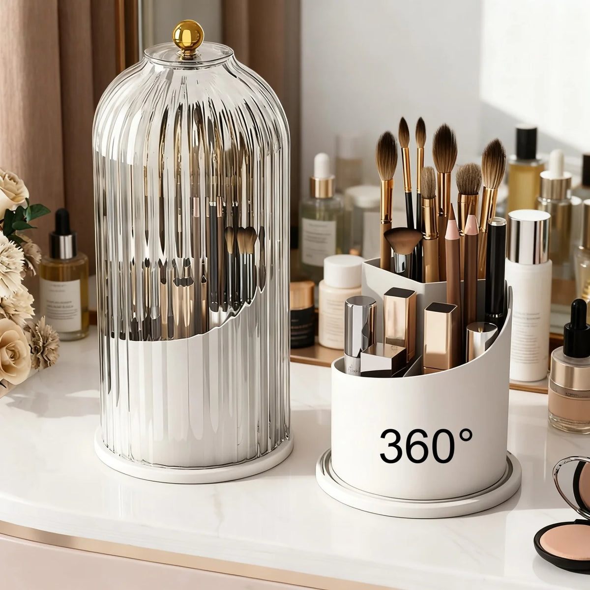 360° Rotating Makeup Brush Holder with Dustproof Lid – Clear Makeup Brush Organizer Babs