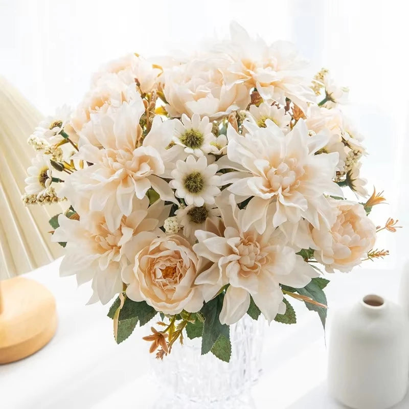 Silk Artificial Dahlia Rose Daisy Bouquet – Wedding & Home Decor Artificial Flower Bouquet Babs