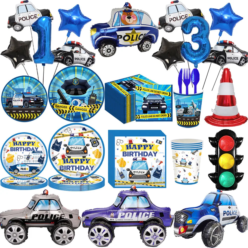 Police Theme Kids Party Supplies – Plates, Cups & Balloons Set Party Supply Set Babs
