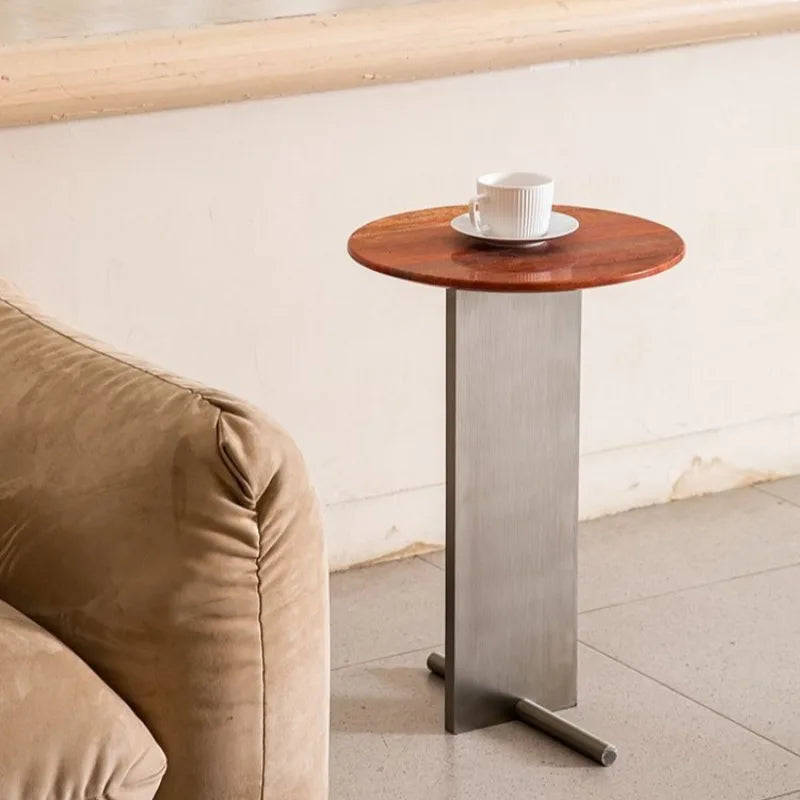 Round Travertine Stone Side Table – Modern Stainless Steel Base Stone Side Table Babs