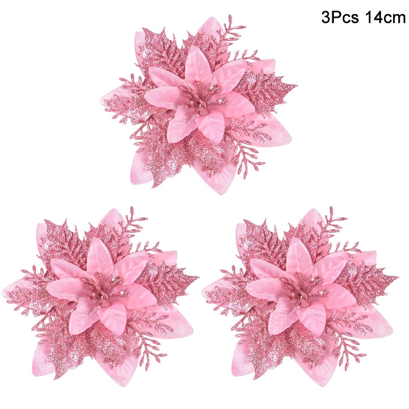 3pcs Glitter Artificial Christmas Flowers Berry Xmas Tree Decor Christmas Tree Ornament Babs Pink