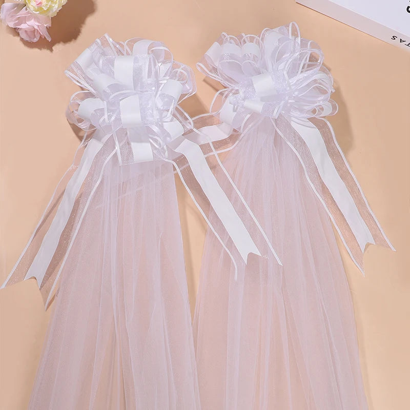 Large White Wedding Bows with Tulle Tails | Church Chair Car Décor Wedding Bow Decoration Babs