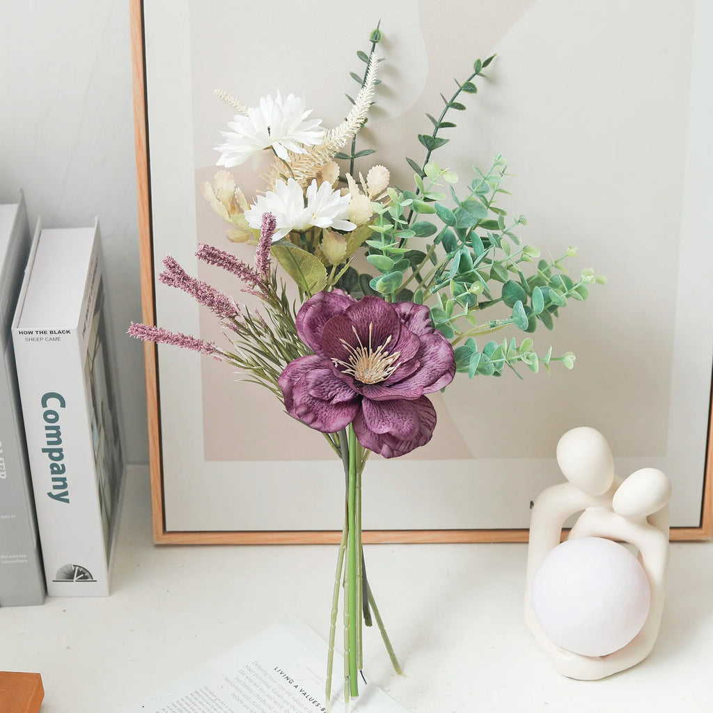 Artificial Silk Peony Poppy Daisy Eucalyptus Bouquet – Home Décor Artificial Flower Bouquet Babs Purple