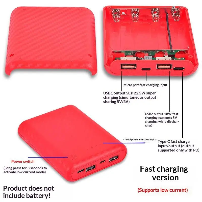 HUXUAN 18650 DIY Power Bank Case – 4-Slot No-Solder Kit DIY Power Bank Case Babs Red