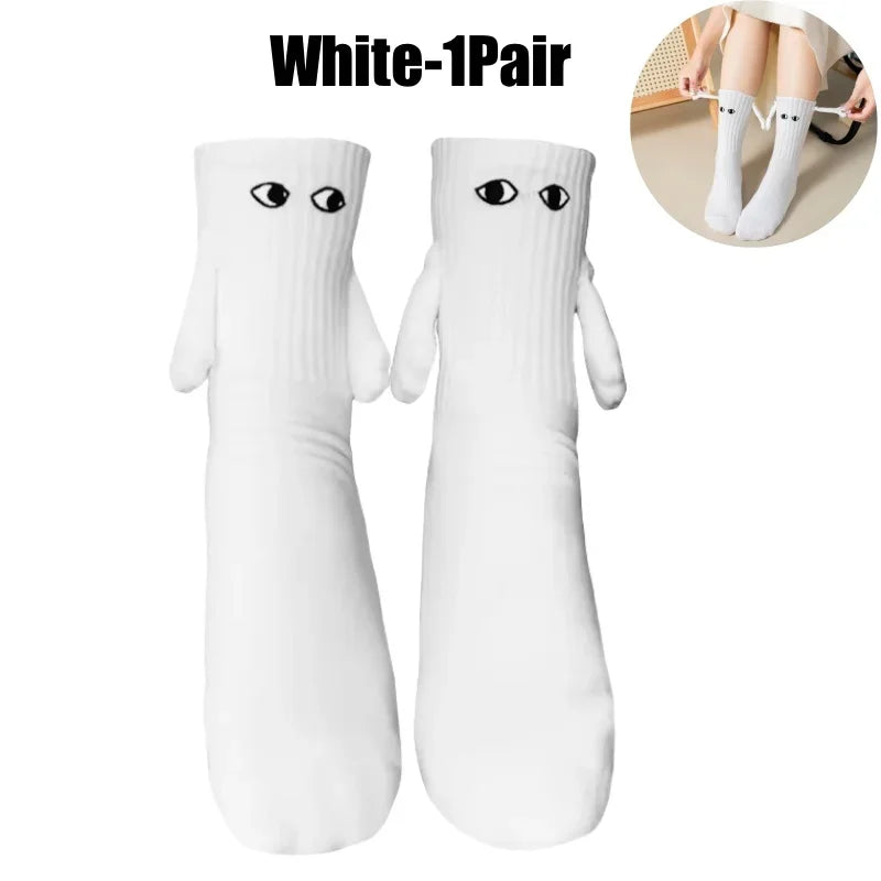 Magnetic Couple Socks | 3D Doll Eyes Hand-in-Hand Design Novelty Couple Socks Babs White-1Pair One Size