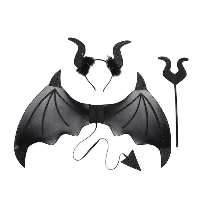 Devil Costume Set – Wings, Tail, Horn Headband & Fork Costume Accessory Set Babs black