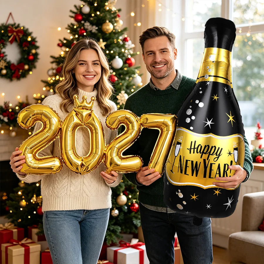 2027 New Year Foil Balloon Set – Bottle & Crown Party Decor Foil Party Balloons Babs