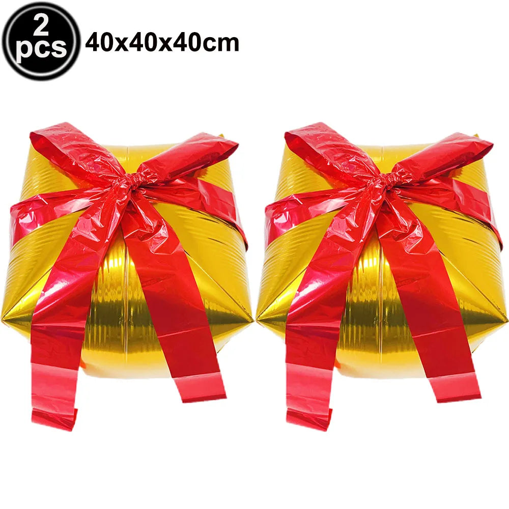 Christmas Gift Box Foil Balloons Red Green Gold Silver 2/4pcs Foil Party Balloons Babs Laser As pictures show