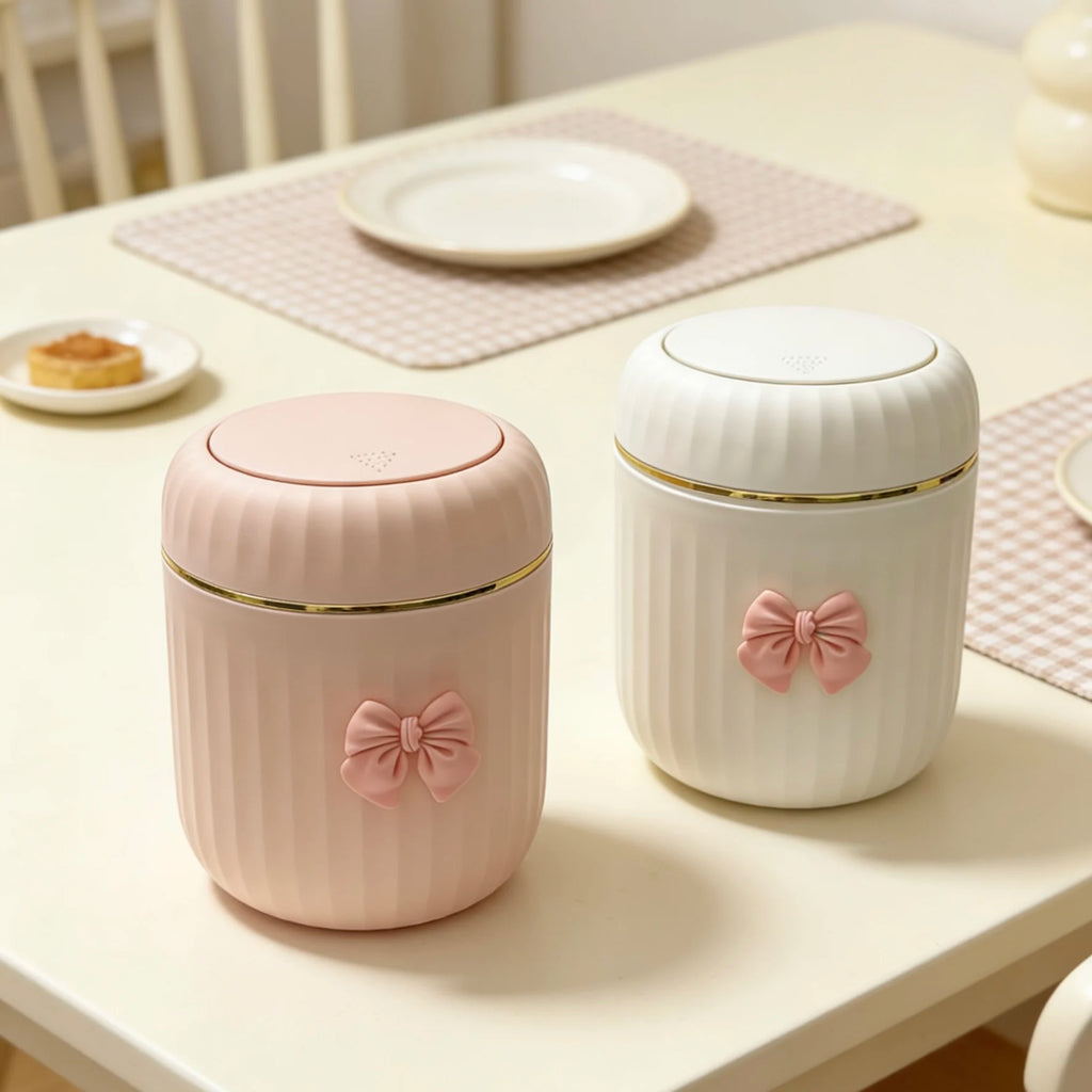 Mini Press-Open Desktop Trash Can with Lid & Bow Decor Desktop Trash Can Babs