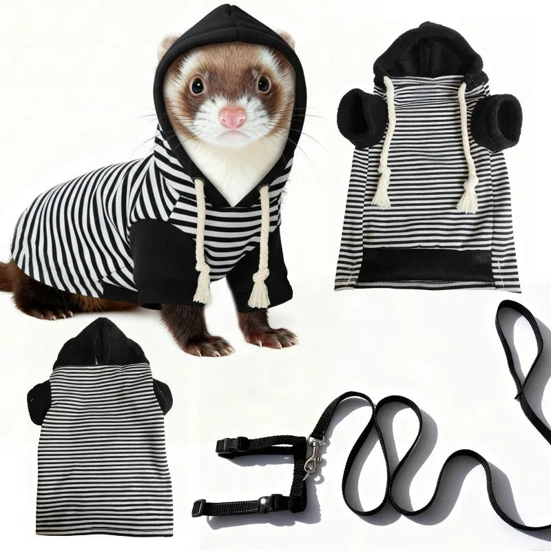 Pet Ferret Hooded Outfit with Leash – Warm Soft Walking Harness Pet Ferret Outfit Babs A