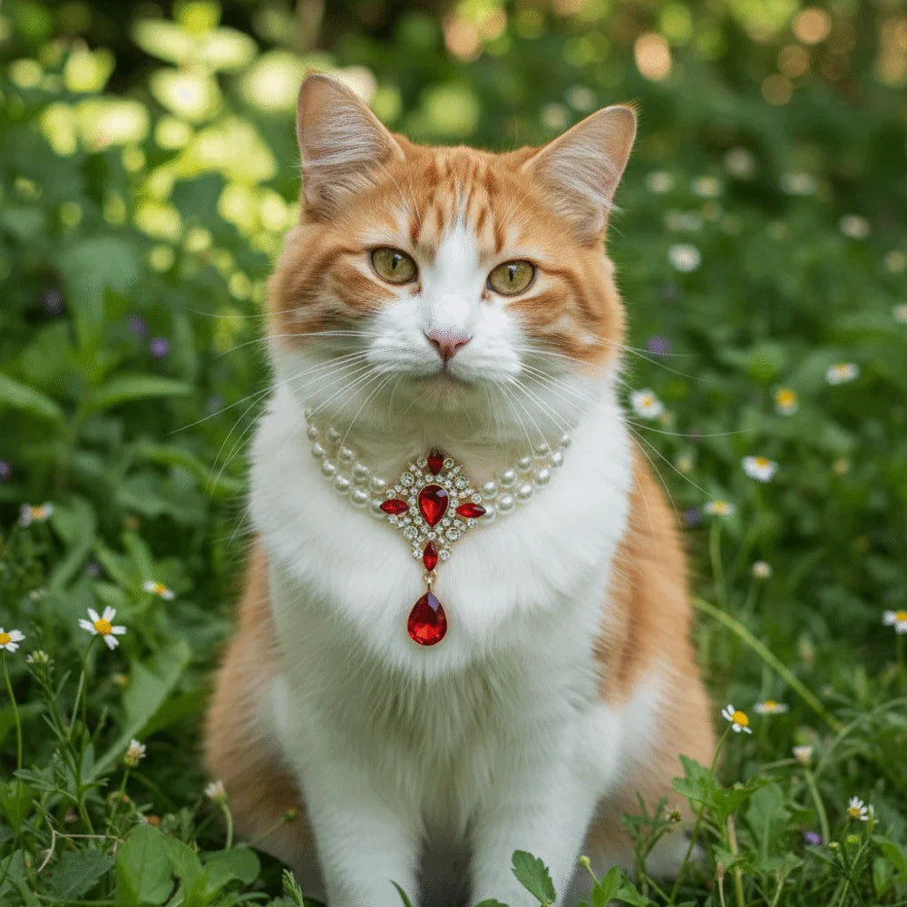 Double Layer Pearl Crystal Cat Necklace – Adjustable Collar Pet Collar Necklace Babs