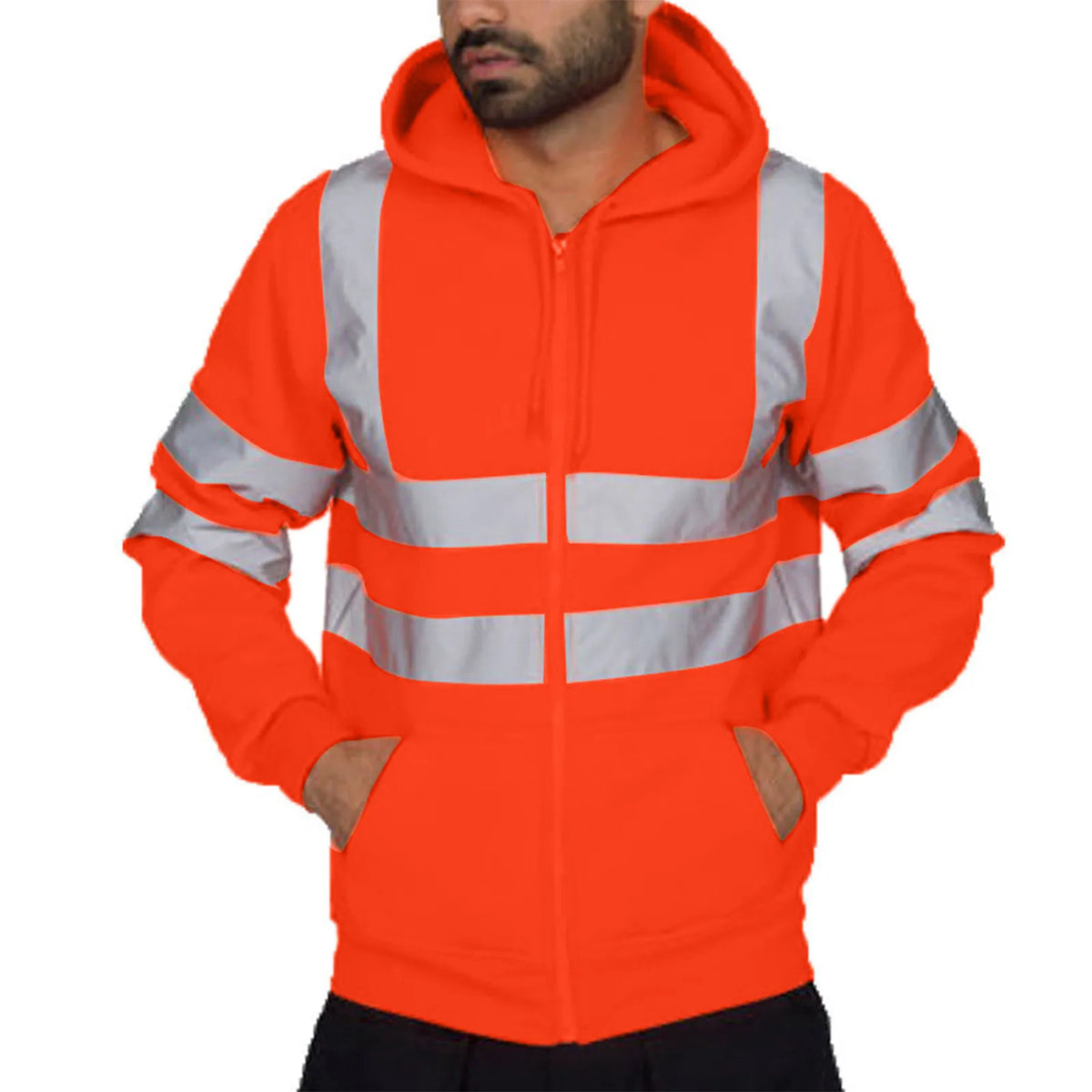 Men's Reflective Strip Hoodie – Long Sleeve Zipper Sweatshirt Men's Hoodie Sweatshirt Babs Orange XXXXL