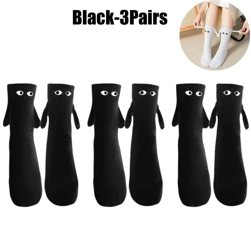 Magnetic Couple Socks – Cartoon Big Eyes Mid-Tube Knit Stockings Novelty Knit Socks Babs Black-3Pairs