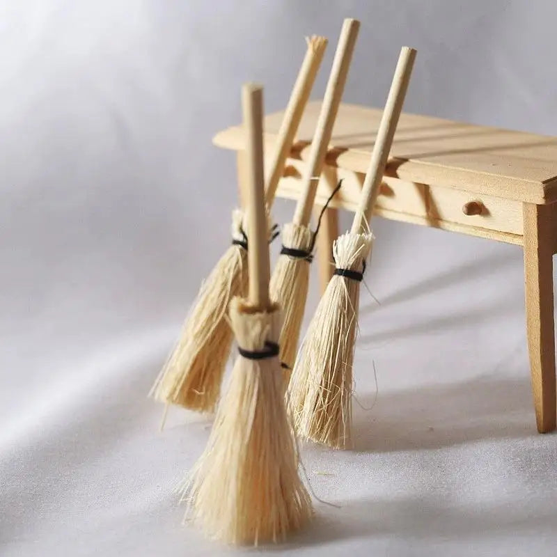 4pc Mini Broom & Mop Hand-Woven Wooden Miniature Pendants Miniature Decor Pendant Babs
