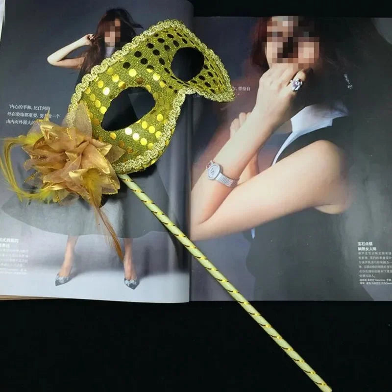 10pcs Sequin Feather Masquerade Masks on Stick for Women Masquerade Mask Set Babs
