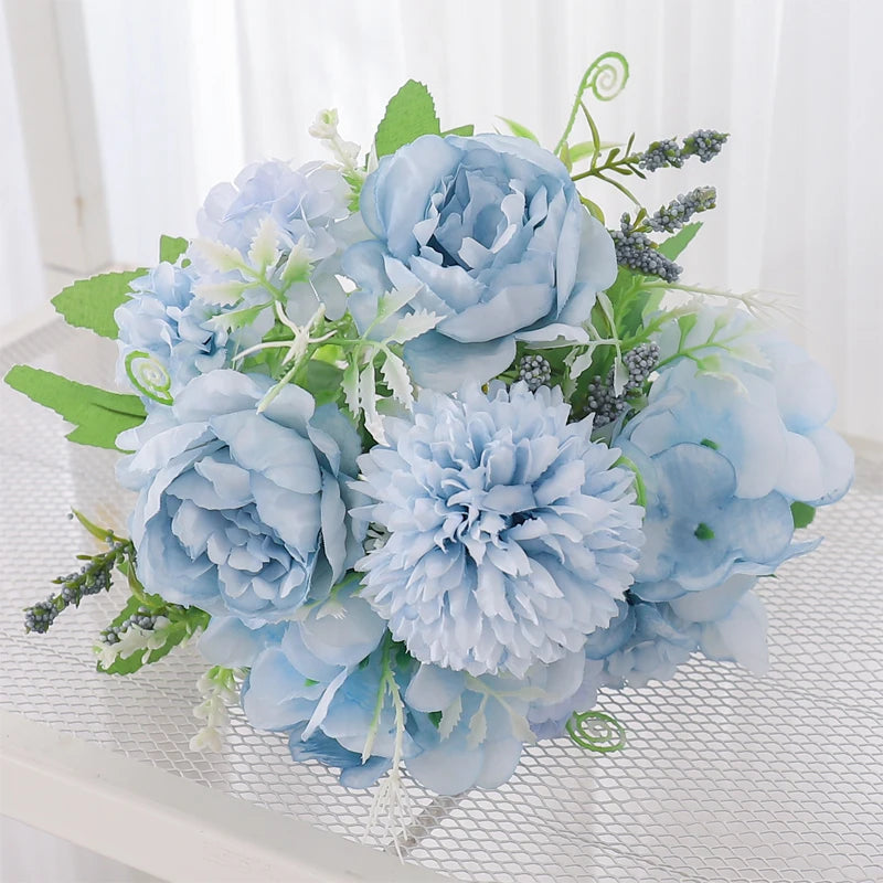 Silk Peony & Hydrangea Artificial Flower Bouquet | Home Décor Artificial Flower Bouquet Babs Blue