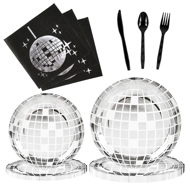 Disco Party Disposable Tableware Set – Silver Ball Plates & Cups Disposable Party Tableware Babs