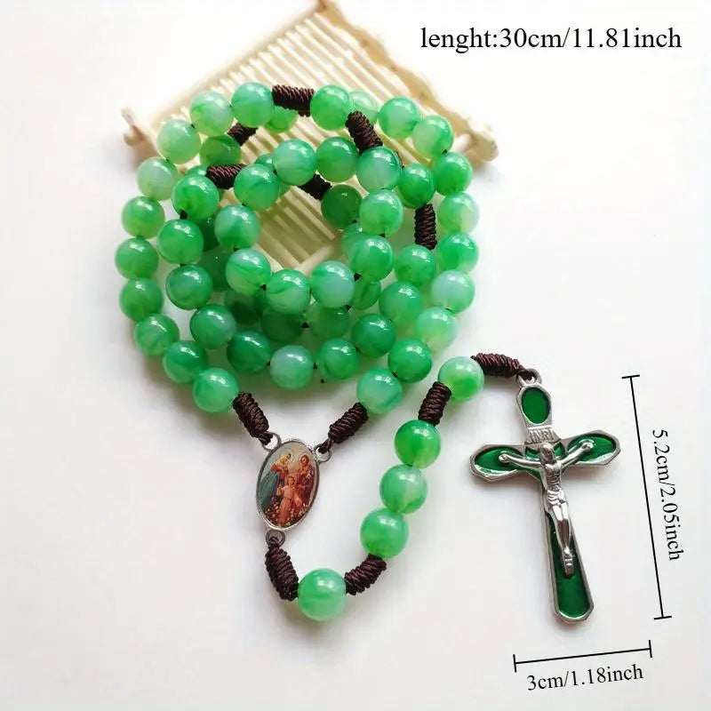 Green 59-Bead Cross Rosary Pendant Necklace – Unisex Rosary Pendant Necklace Babs