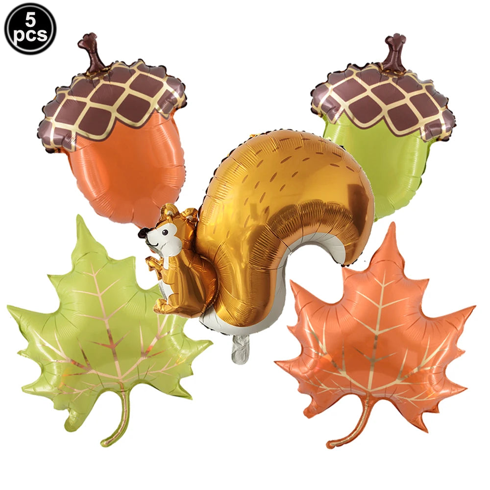 5-Piece Thanksgiving Foil Balloon Set – Maple Leaf, Acorn & Squirrel Party Foil Balloons Babs Emerald As show
