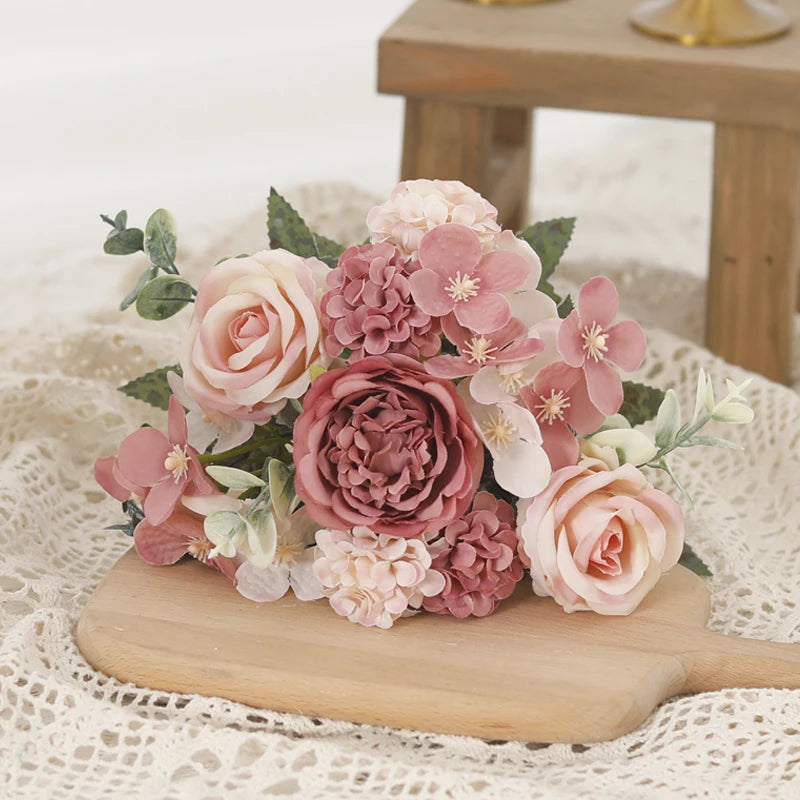 7-Fork Silk Rose Peony Hydrangea Artificial Flower Bouquet Artificial Flower Bouquet Babs Cameo Brown 1PC