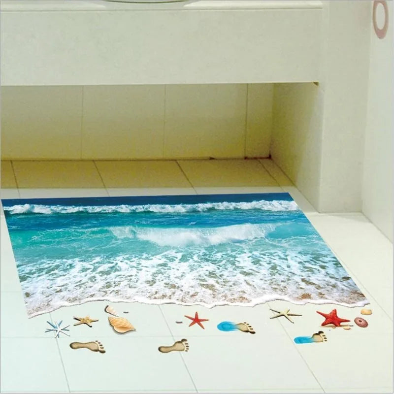 3D Wave Beach Floor Sticker Sky Blue – Waterproof PVC 50×70cm Floor Decal Sticker Babs 1pc