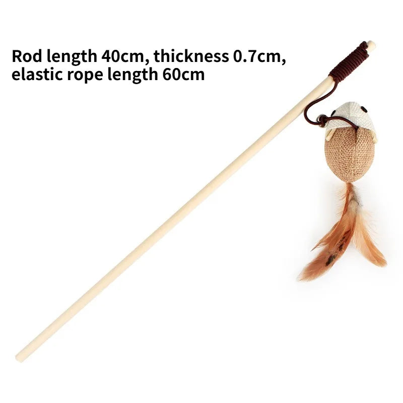 Wooden Cat Teaser Wand with Bell, Feather & Linen Kitten Toy Cat Teaser Wand Babs
