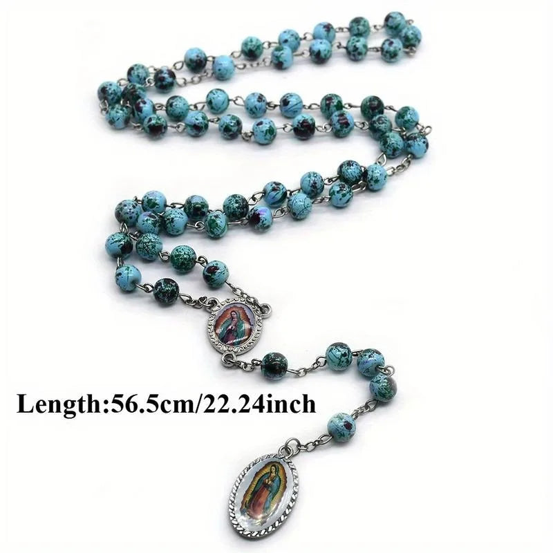 Glass Bead Rosary Necklace – Vintage Catholic Cross Pendant Rosary Necklace Babs