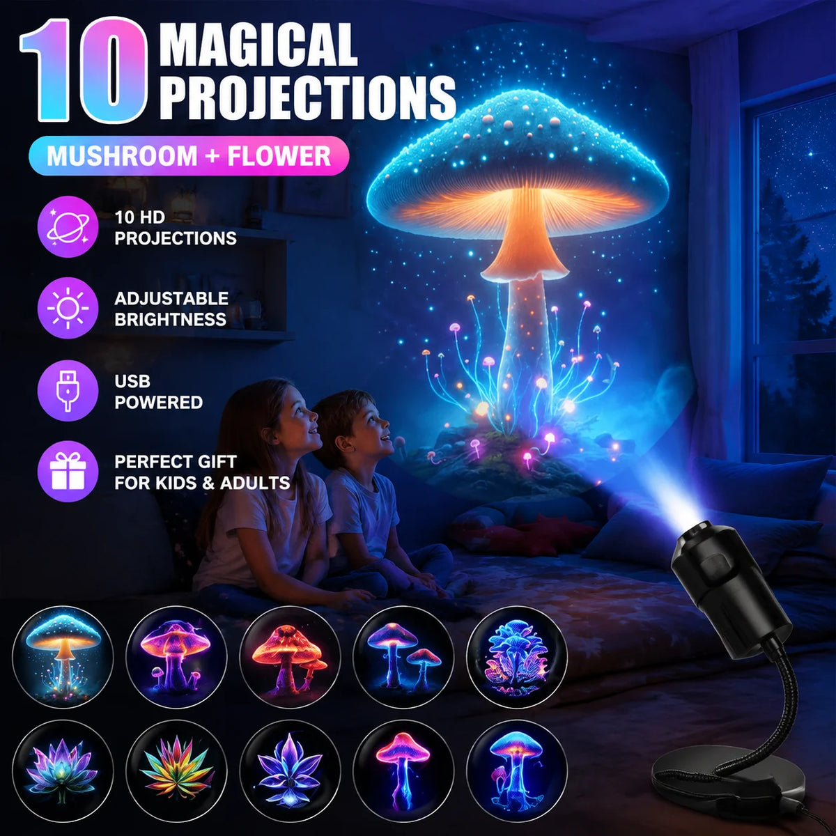 USB Projection Night Light – Romantic Mood Lamp & Room Decor Projection Night Light Babs Mushroom Set