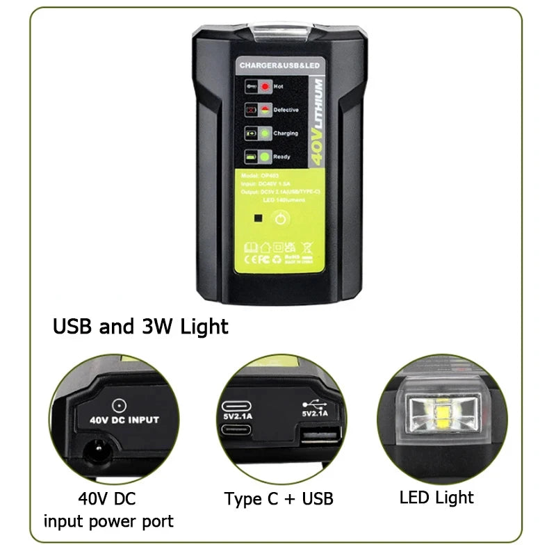 Ryobi 40V Battery Adapter USB Type-C 5V 2.1A LED Work Light Battery Power Adapter Babs
