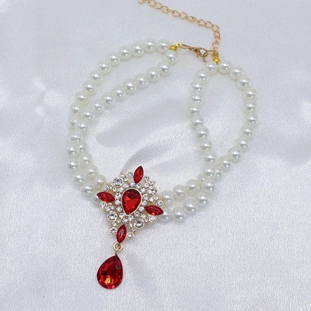 Double Layer Pearl Crystal Cat Necklace – Adjustable Collar Pet Collar Necklace Babs Red S