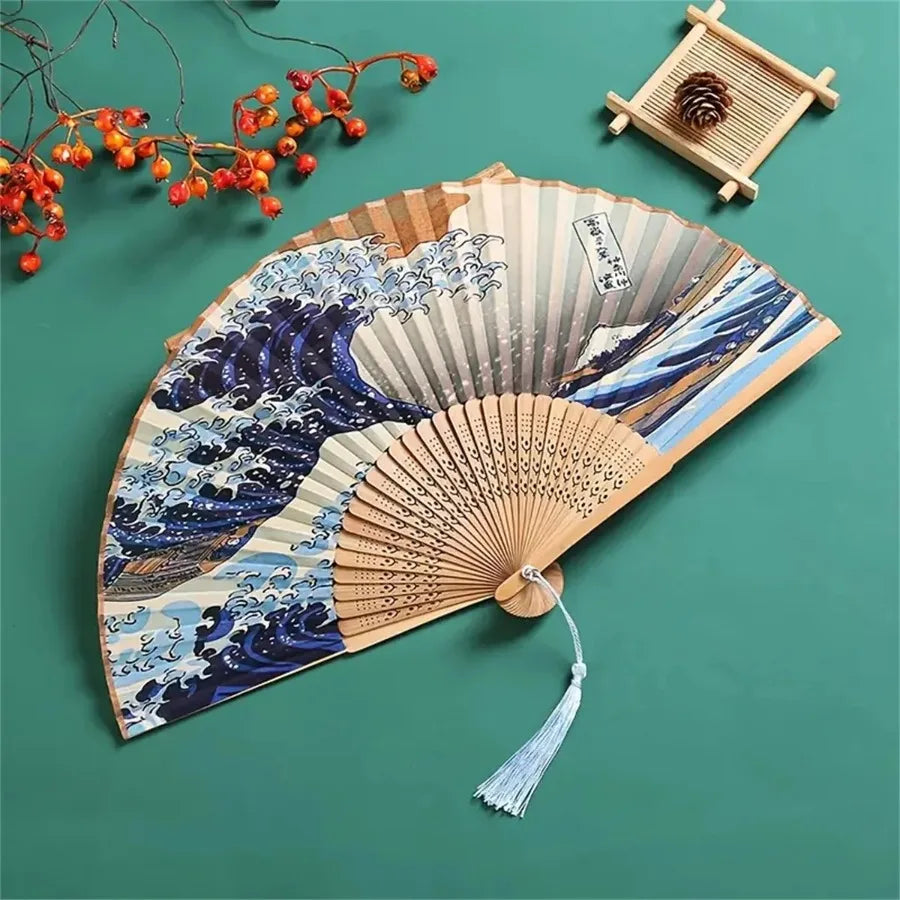 Japanese Folding Fan – Handmade Kanagawa Wave Vintage Hand Fan Decorative Hand Fan Babs