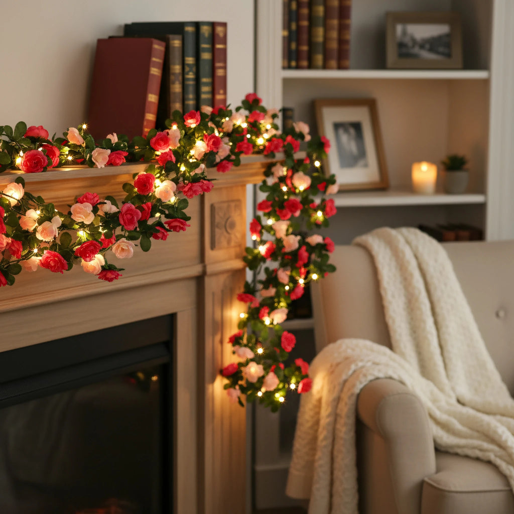 Artificial Rose Vine LED String Lights Hanging Garland Decor Floral LED Garland Babs
